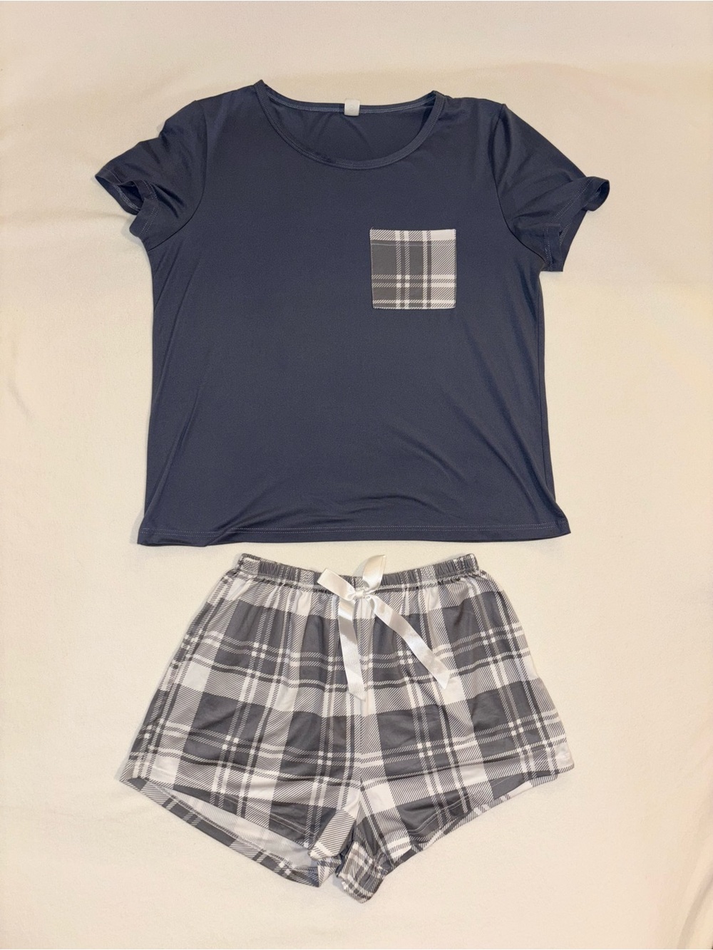 Plaid 2 Piece Pajama Set Navy Top Matching Shorts Size Small Cozy PJs Loungewear
